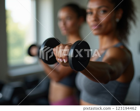 Young Woman Exercising with  Dumbbell, Fitness Workout Training in Bright Modern Interior with Natural Light, Healthy Lifestyle and Wellness Concept 123194462