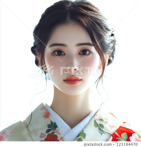 AI creates a beautiful woman wearing a Japanese kimono with hair and makeup (Square) 123194470