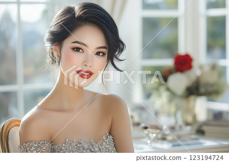AI generates images of beautiful women with beautiful skin in Japanese hair and makeup styles (horizontal photo) 123194724