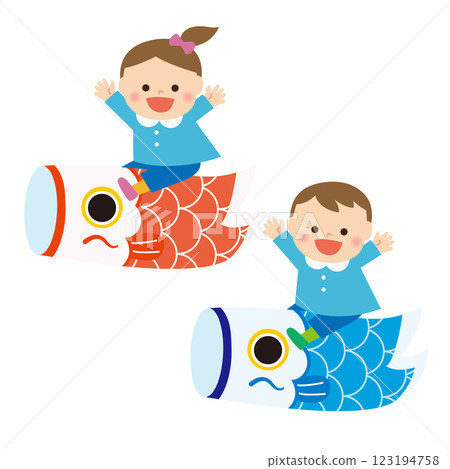 Children's Day: Carp streamers and boys and girls kindergarteners Children's Day: Carp streamers and boys and girls kindergarteners 123194758