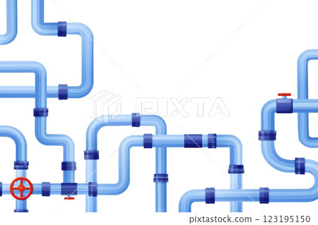 Pipeline system background. Industrial pipes with valves for water gas fuel oil. Isolated cartoon plastic or metal pipelines, nowaday vector poster 123195150