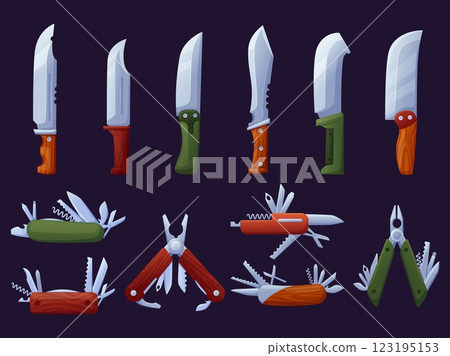 Cartoon different multi tools. Survival kif from knives and multitools. Equipment for hiking, nature tourism, camping or hunting, nowaday vector elements Cartoon different multi tools. Survival kif from knives and multitools. Equipment for hiking, nature tourism, camping or hunting, nowaday vector elements 123195153