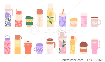 Travel thermo mugs. Thermos, reusable cups, tumblers for hot drinks. Touristic camping equipment for coffee tea and beverages, hiking tumbler racy vector set Travel thermo mugs. Thermos, reusable cups, tumblers for hot drinks. Touristic camping equipment for coffee tea and beverages, hiking tumbler racy vector set 123195160