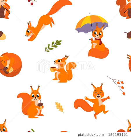 Squirrel seamless pattern. Funny cartoon squirrels and botanical elements, berries leaves branches. Decorative print for fabric, classy vector background Squirrel seamless pattern. Funny cartoon squirrels and botanical elements, berries leaves branches. Decorative print for fabric, classy vector background 123195161