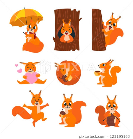 Cartoon squirrel. Red funny squirrels in different poses. Wild forest and park animal sleep, jump, holding heart, sitting on tree and in hollow, classy vector set 123195163