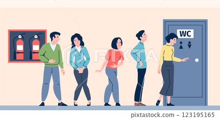 Queue to public toilet. Men women want peeing or pooping and stang in waiting line. Restroom in mall, theater, cinema. Health care, natural need recent vector scene 123195165