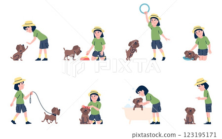 Girl care dog. Little kid spend time with puppy. Pet training, bath time, feeding and caring. Teaching child responsibility and friendship, recent vector set 123195171