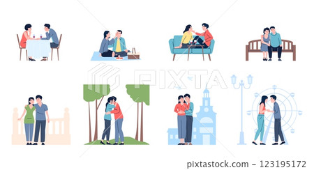 Romantic dating scenes. Couples in love meet in park, city, date in restaurant or cafe. Men women spend time together outside, recent vector concept 123195172
