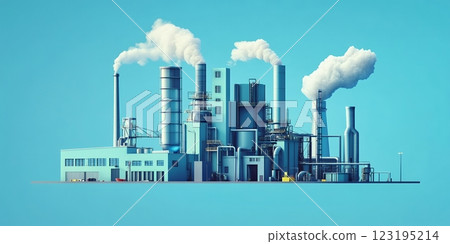 Industrial Factory Complex with Smoke Stacks, Teal Sky Background blue plant power pipes urban steel 123195214