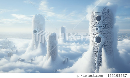 Futuristic Cloud City Towers: White Architectural Design calm eerie serene blue sky peaceful 123195287