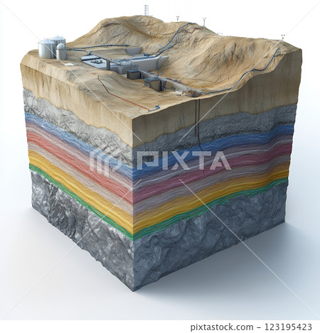 Cross Section View of Oil Refinery on Desert Terrain with Colorful Geological Layers 3d gas sand 123195423
