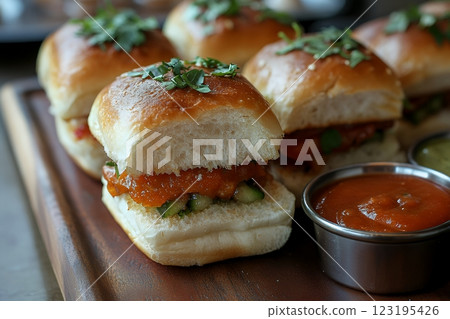 Delicious Spicy Mini Burgers with Fresh Herbs and Dipping Sauces bun meal food tasty snack bread 123195426