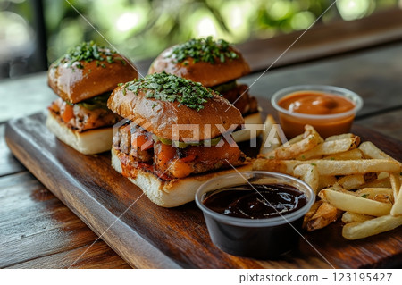 Delicious Mini BBQ Pulled Pork Sliders with Fries and Sauce eat meat meal food tasty lunch snack 123195427