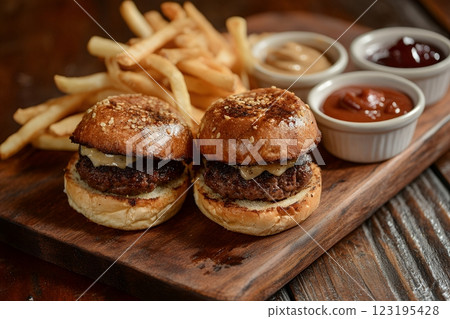 Delicious Mini Cheeseburgers with French Fries and Dipping Sauces bun red eat food meal tasty lunch 123195428