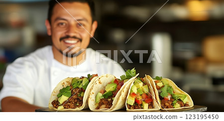 Delicious Mexican Tacos with Avocado and Cilantro, Served by a Smiling Chef in a Restaurant Kitchen 123195450