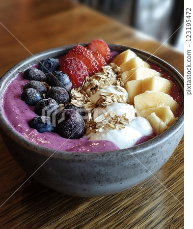 Delicious Berry Smoothie Bowl with Strawberries, Banana, and Granola vegan yogurt rustic recipe 123195472