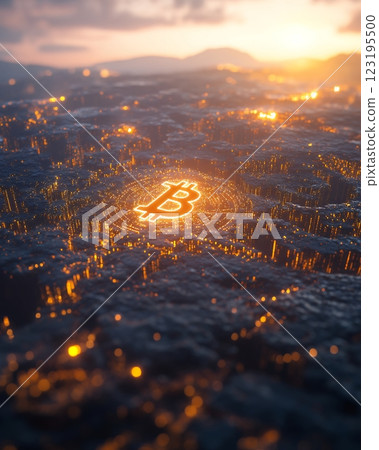 Glowing Bitcoin Symbol on Dark Textured Surface at Sunset money light power crypto orange yellow 123195500