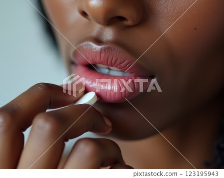 Close-up of Woman's Perfect Lips Taking  Medical Capsule, pill Healthcare and Daily Supplement Concept with Soft Focus Background 123195943