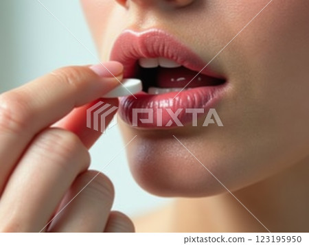 Close-up of Woman's Perfect Lips Taking  Medical Capsule, pill Healthcare and Daily Supplement Concept with Soft Focus Background 123195950