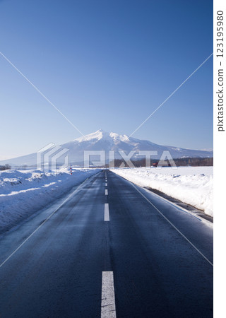 從青森縣鶴田町望去的白雪皚皚的岩木山 123195980
