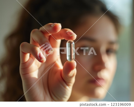 Healthcare and Wellness Lifestyle Close-up of Hand Holding  Supplement Capsule, pill with Soft Focus Portrait in Natural Light  123196009