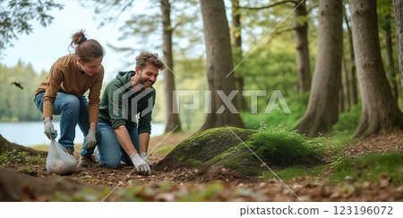 A group of volunteers pick up trash along the lakeside trail A group of volunteers pick up trash along the lakeside trail 123196072