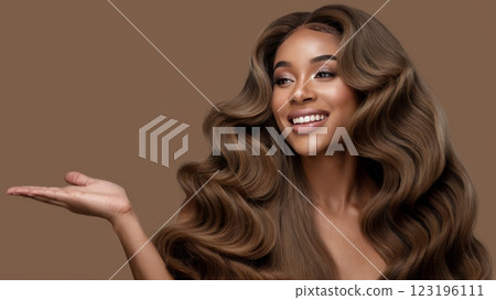 Joyful Woman with Wild  Hair Presenting Empty Space on Palm Against Brown Studio Background, Perfect for Product Placement, Beauty and Hair Care Marketing Mockup Portrait 123196111