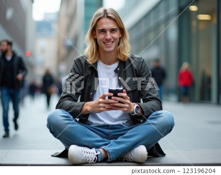 Person in casual clothing sitting outdoors at a modern urban location, holding a smartphone, with a contemporary cityscape and architectural details in the background. 123196204