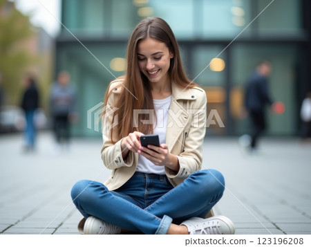 Person in casual clothing sitting outdoors at a modern urban location, holding a smartphone, with a contemporary cityscape and architectural details in the background. 123196208