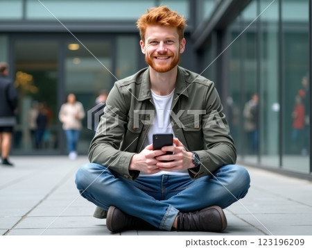 Person in casual clothing sitting outdoors at a modern urban location, holding a smartphone, with a contemporary cityscape and architectural details in the background. 123196209