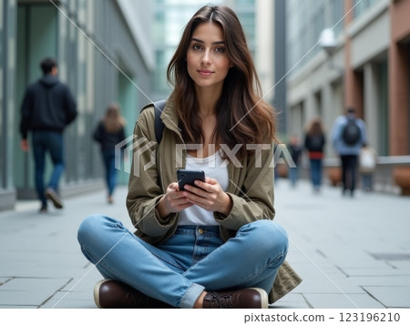 Person in casual clothing sitting outdoors at a modern urban location, holding a smartphone, with a contemporary cityscape and architectural details in the background. 123196210
