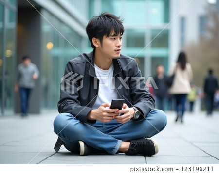 Person in casual clothing sitting outdoors at a modern urban location, holding a smartphone, with a contemporary cityscape and architectural details in the background. Person in casual clothing sitting outdoors at a modern urban location, holding a smartphone, with a contemporary cityscape and architectural details in the background. 123196211