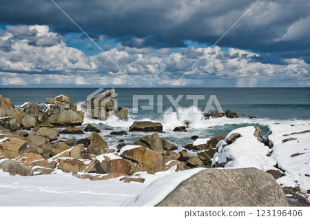 Winter coastline and crashing waves 123196406