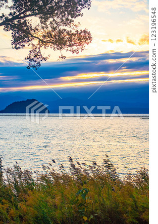 [Lake Biwa scenery] The fantastic Chikubu Island floating in the autumn evening scenery 123196548