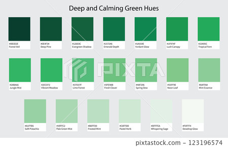Color Palette 20 Shades of Green - Deep, Dramatic to Soft, Glowing Hues with HEX Codes and Names, Colour Swatches and Combinations 123196574