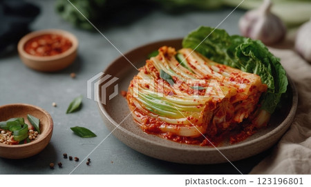 Traditional Korean kimchi on a ceramic plate with spices and garlic. Fermented cabbage dish with red pepper seasoning 123196801