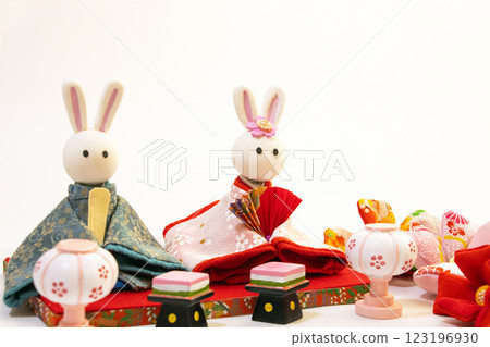 Chirimen camellia flowers and cute rabbit Hina dolls Chirimen camellia flowers and cute rabbit Hina dolls 123196930