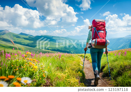 Woman with backpack travel in mountain 123197118