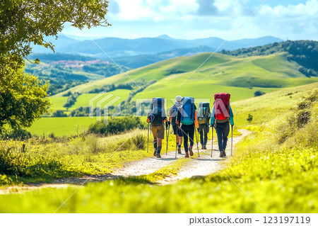 Pilgrims with backpacks walking the Camino de Santiago in Spain, Way of St James 123197119