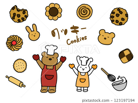 Bear and rabbit making cookies illustration set Bear and rabbit making cookies illustration set 123197194