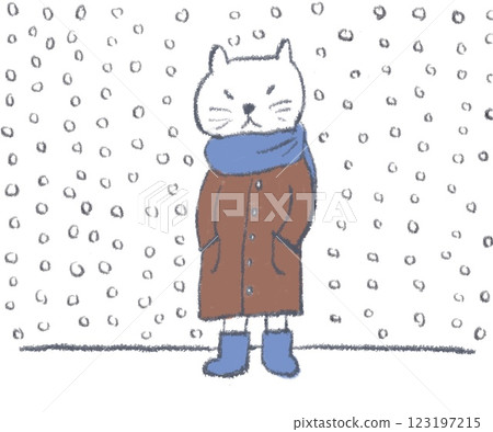 A cat standing on a snowy day, with a smudge pen-like touch 123197215