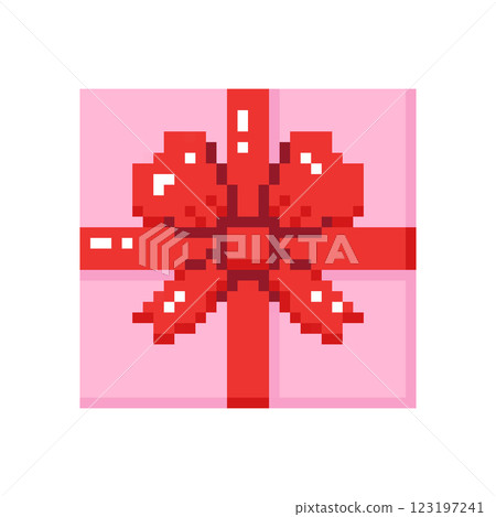 Pink gift box with red bow in pixel style. Hand drawn vector illustration. Pink gift box with red bow in pixel style. Hand drawn vector illustration. 123197241