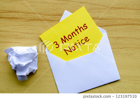 Top view off letter in an envelop with 3 Months Notice period text. Staff resignation concept. 123197510