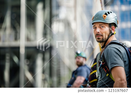 Urban adventure enthusiasts climbing skyscrapers for outdoor sports challenge 123197607