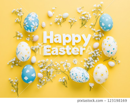 Happy Easter celebration with decorative eggs and flowers on soft yellow background 123198169