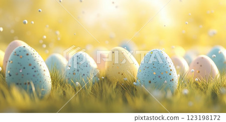 Subtle Easter egg pattern on soft yellow background for spring decor and celebration 123198172