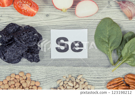 Healthy food and various ingredients containing natural selenium and other vitamins and minerals Healthy food and various ingredients containing natural selenium and other vitamins and minerals 123198212