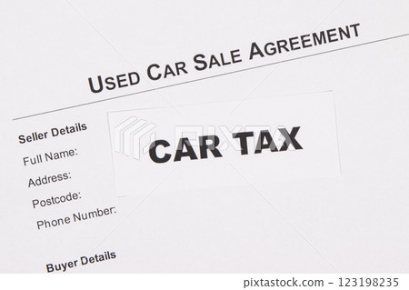 Inscription car tax and vehicle sales agreement. Sales, purchases, taxation of automobile 123198235