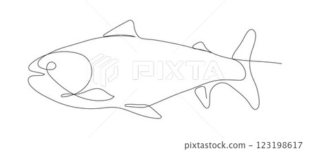 Minimalist continuous line drawing of a fish, including cod, trout, and salmon.ns. Minimalist continuous line drawing of a fish, including cod, trout, and salmon.ns. 123198617