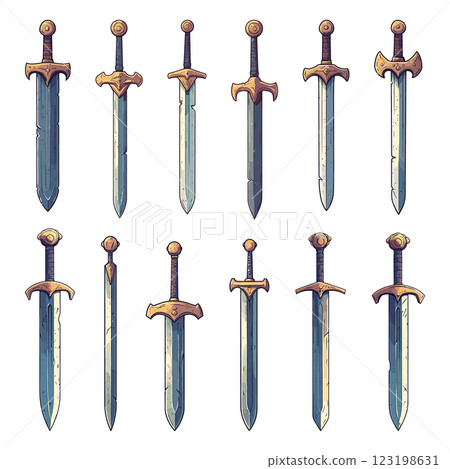 Medieval Swords Cartoon Icons Set Various Sword Designs with Shields Detailed Cartoon Swords with Ornate Handles Icon Set of Knights Swords in Different Poses Sword Illustrations 123198631